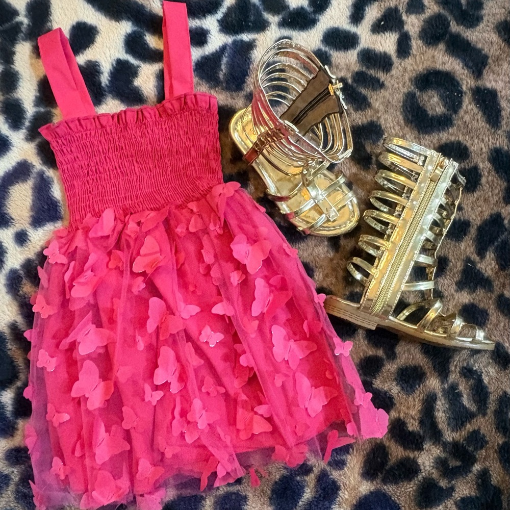 Butterfly Dress Toddler 2T & Roman Sandals Strappy Knee High Little Girl Size 11